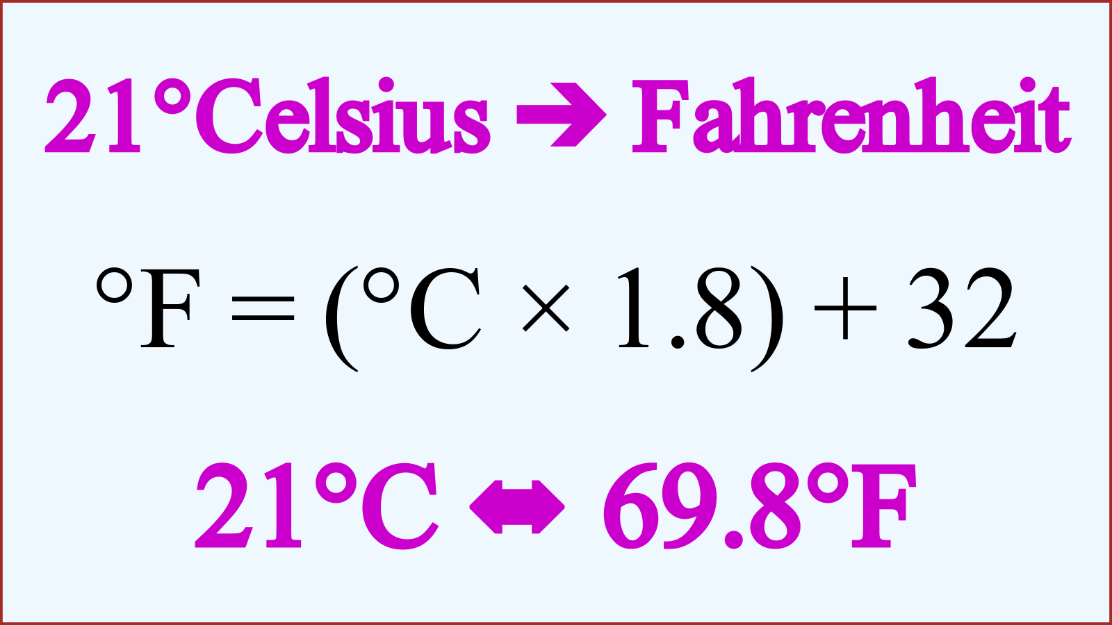 Formula and converting 21 degrees Celsius to Fahrenheit