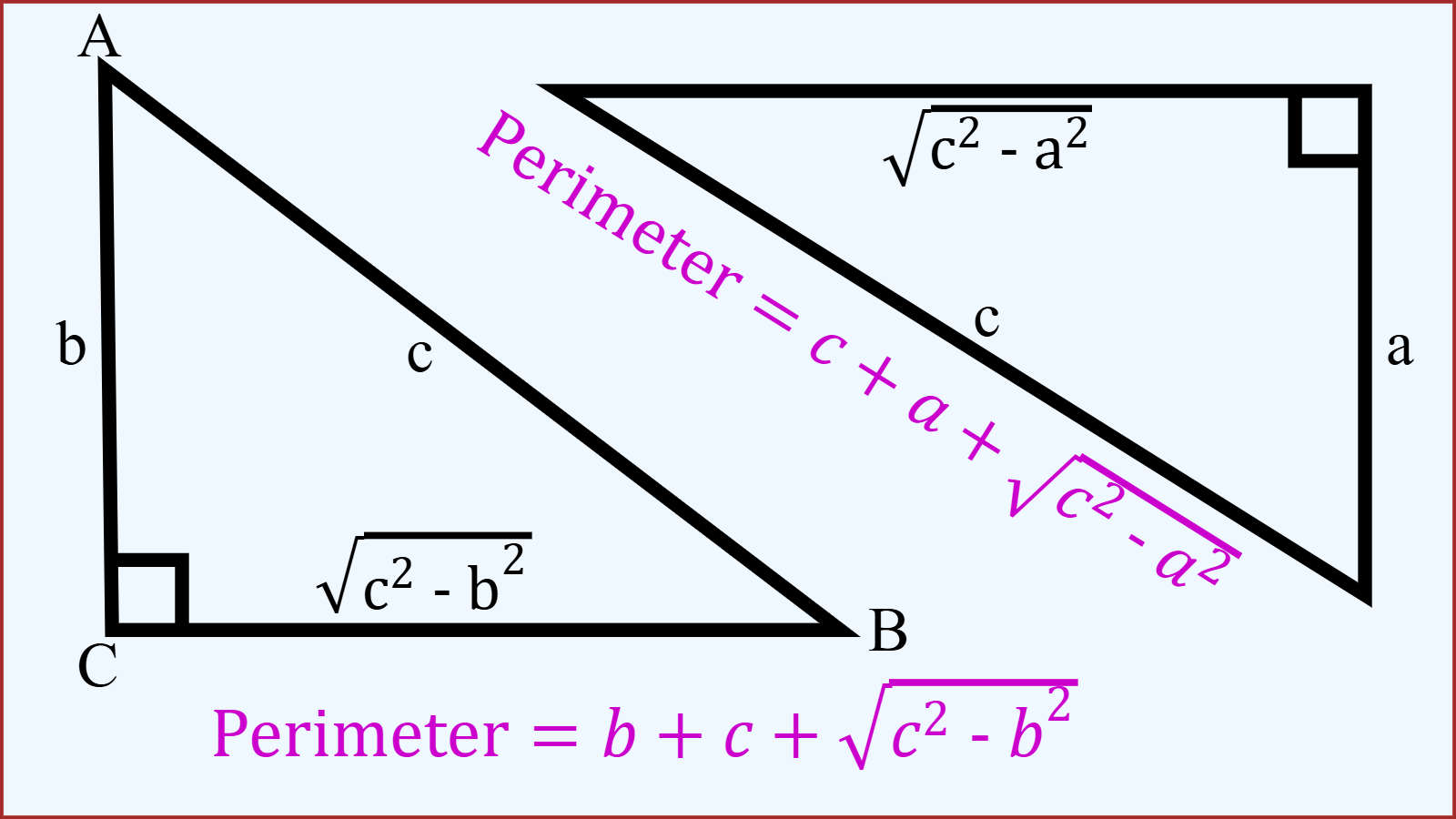 Perimeter formula of right triangle while base or perpendicular missing.